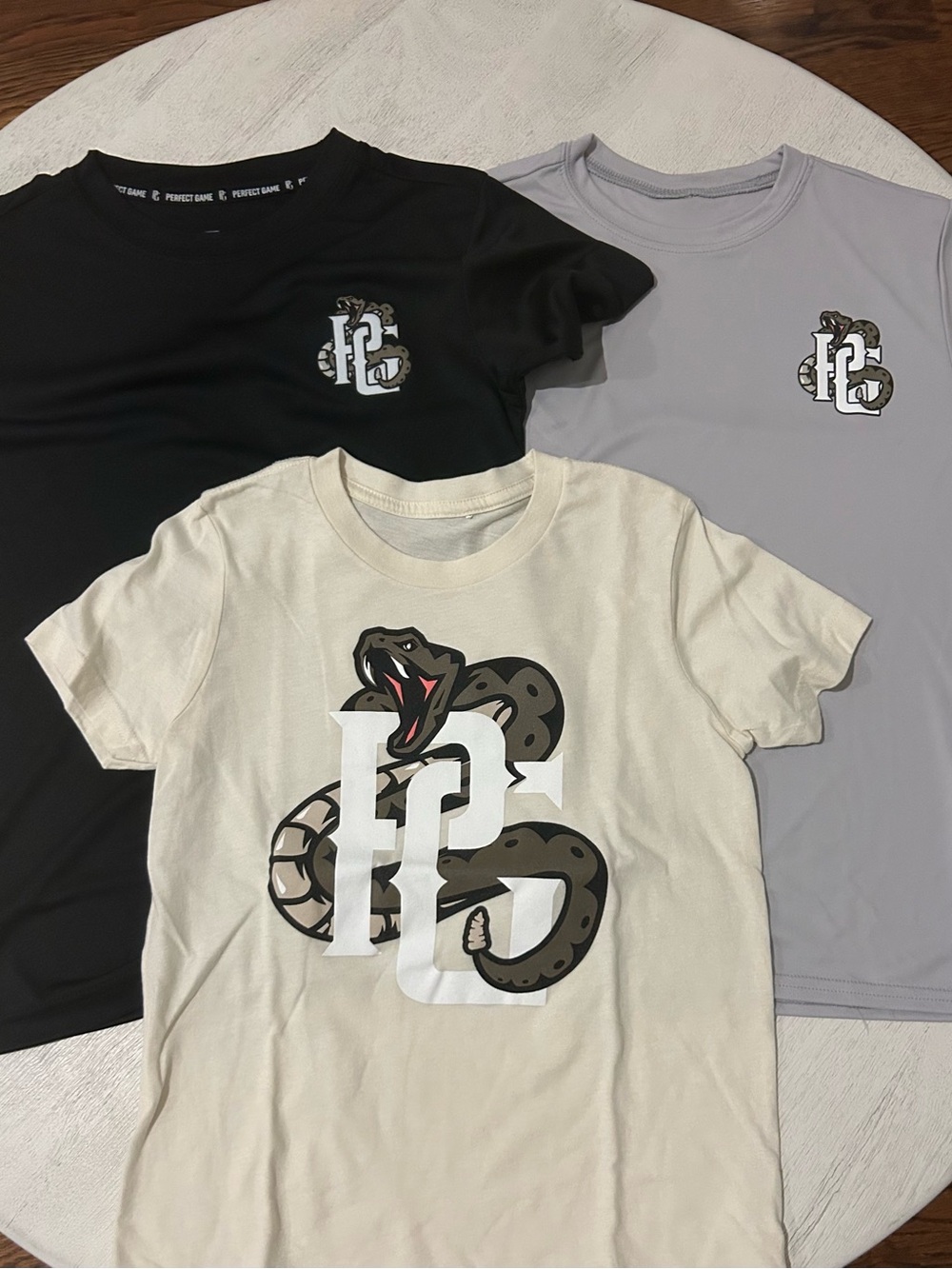 Perfect Game PG Snake Logo Performance Tees (2) and 1 cotton t-shirt